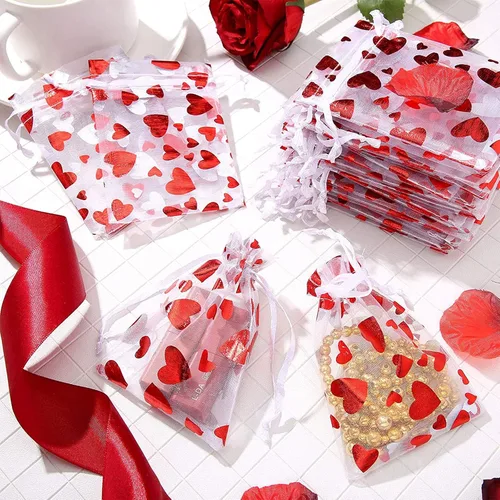 Vista 2 de SIROGOGO 50 bolsas de organza para el día de San Valentín, bolsas de dulces de corazón rojo, bolsas de joyería, bolsas con cordón para embalaje