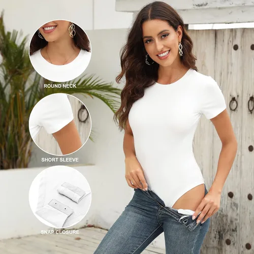 Vista 3 de BALENNZ Paquete de 45 mamelucos de manga corta con cuello redondo y cuello redondo para mujer