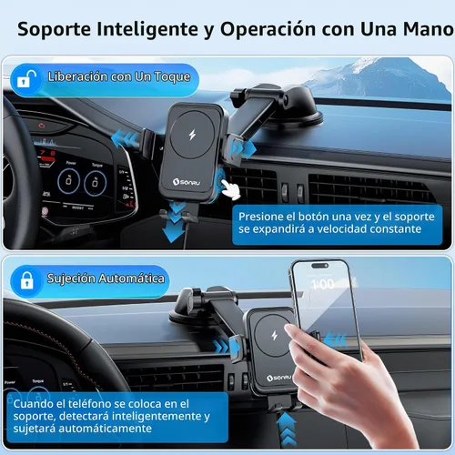 Vista 2 de SONRU Cargador inalámbrico Qi de 15 W, cargador inalámbrico de coche de carga rápida, sujeción automática, soporte de succión para salpicadero