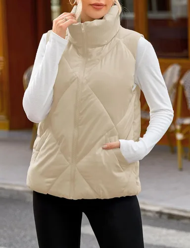 Vista 3 de MEROKEETY Chaleco acolchado para mujer, sin mangas, con cremallera, con cuello alto, con bolsillos