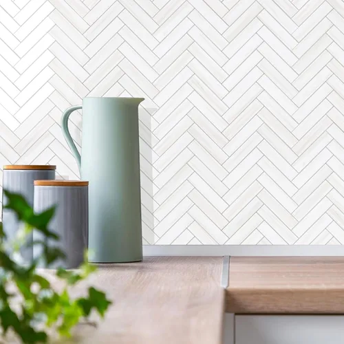 Vista 2 de Vamos Tile Azulejo Blanco Brillante de Dolomita Despegar y Pegar para Salpicaderas - 10 Hojas Azulejos de PVC Autoadhesivos en Espiga para Pegar
