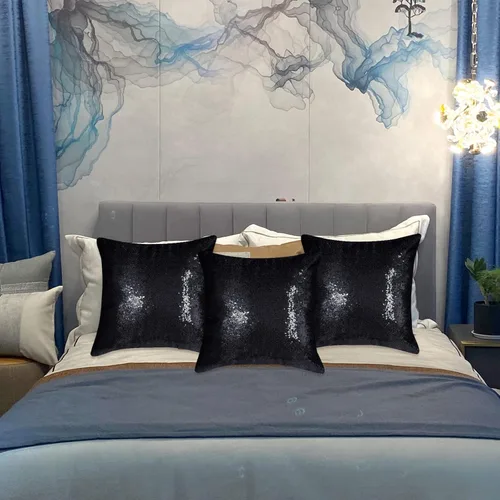 Vista 5 de Juego de 4 fundas de almohada decorativas con lentejuelas negras cuadradas para silla, sofá, cama, dormitorio, sala de estar, decoración para bodas