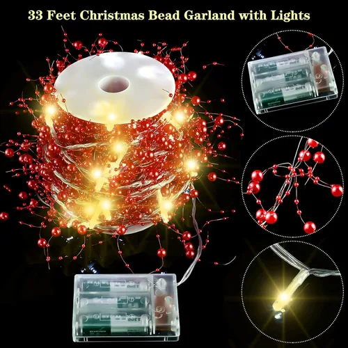 Vista 2 de Honoson Guirnalda de luces de Navidad con cuentas de bayas de 33 pies, guirnalda de luz para chimenea, decoración de chimenea de Navidad, cuentas