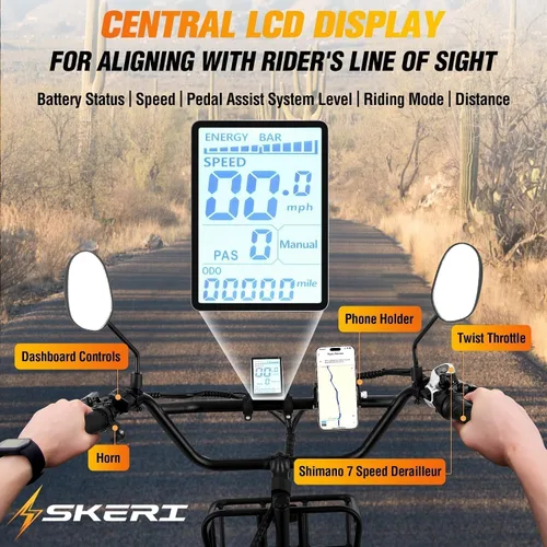 Vista 7 de Skeri Triciclo eléctrico para adultos, motor Etrike de 750 W (pico 1350 W), triciclo eléctrico plegable de 20 x 4 pulgadas, batería de 48 V13Ah