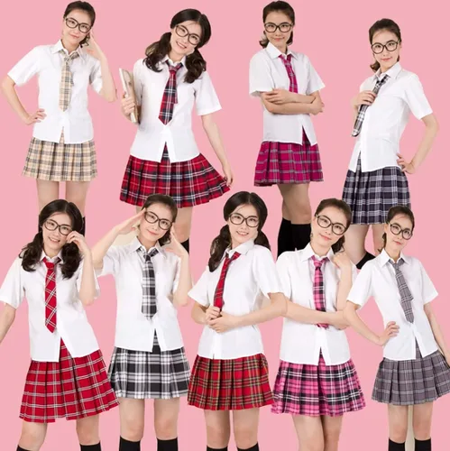 Vista 5 de Uniforme escolar japonés de tartán plisado para cosplay, disfraz con calcetines, gafas, marco, conjunto