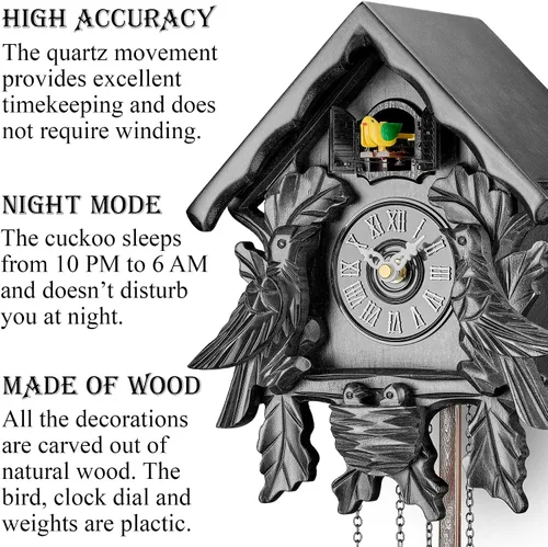 Vista 2 de TIMEGEAR Reloj de cuco con modo nocturno, pájaro cantante, decoraciones de madera y péndulo oscilante