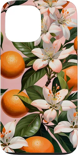 Vista 24 de Carcasa para iPhone 17 con diseño de flores de naranja sobre fondo rosa