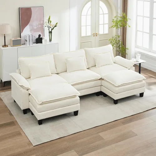 Vista 31 de URRED - Sofá seccional modular tipo nube, cómodo sofá cama de chenilla moderna con asientos profundos y otomán/almohadas para sala de estar