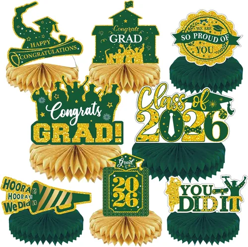 Vista 8 de Decoraciones de fiesta de graduación 2026 – 8 piezas de decoración de fiesta de graduación negro dorado clase de 2026, centros de mesa de panal