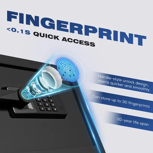 Vista 2 de Caja Fuerte Biométrica de 1.0 Pies Cúbicos con Bolsa Ignífuga, Caja Fuerte de Acceso Rápido por Huella Dactilar con Llaves, Teclado Digital, Puerto