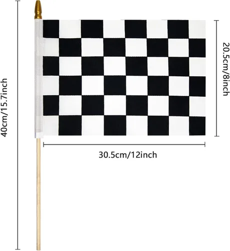 Vista 3 de 2 banderas a cuadros de 8 x 12 pulgadas, banderas de carreras en blanco y negro en palo, bandera de mano de Fórmula Uno F1 Racing con parte superior