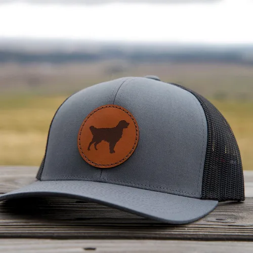 Vista 2 de Sombrero de cuero Golden Retriever Regalo Golden Retriever Sombrero de camionero dorado Gorra de béisbol Golden Retriever, Frente gris/malla