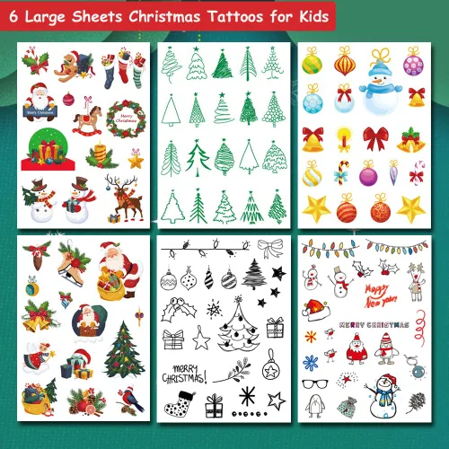 Vista 2 de Tatuajes temporales de Navidad para niños, 6 hojas grandes, tatuajes falsos de Navidad para niñas, niños, regalos de fiesta de Navidad, decoración