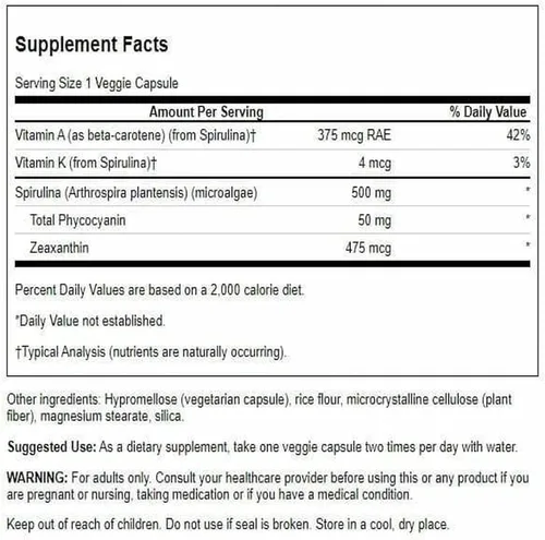 Vista 2 de Swanson Spirulina Algas Azul-Verde, 500 mg, 90 Cápsulas Vegetales