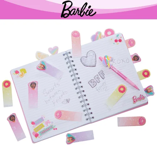 Vista 3 de Cuaderno de pestañas Barbie con espiral, lápiz boli, pestañas adhesivas, 96 páginas a rayas, rosa