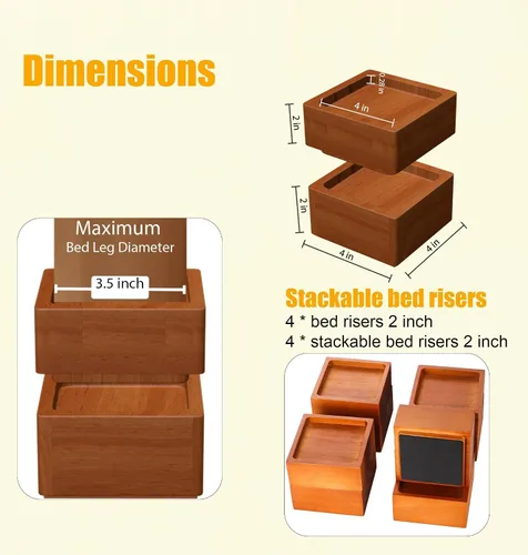 Vista 2 de Elevadores de muebles de madera de pino maciza de alta calidad, elevación de 2 o 3.7 pulgadas para camas, sofás y más Capacidad de 2000 libras
