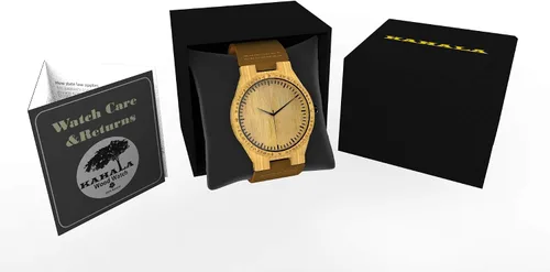Vista 4 de Reloj hecho a mano de bambú hecho con petroglifos hawaianos y correa de cuero de vaca marca Kahala - HGW-26B39