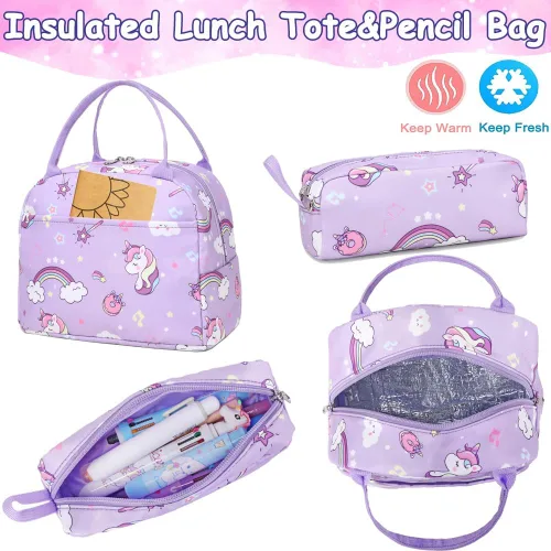 Vista 31 de Juego de mochila para niñas y adolescentes, mochila escolar para niños con bolsa para el almuerzo, estuche para lápices, mochilas escolares