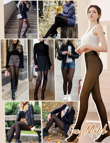 Vista 6 de Yusongirl Mallas con forro polar para mujer, medias translúcidas falsas, cálidas para invierno, leggings térmicos de cintura alta con pies