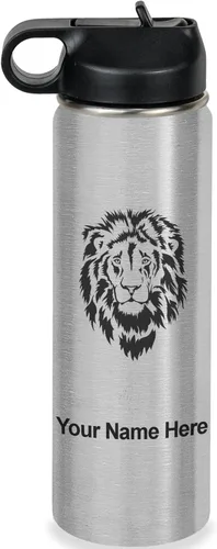 Vista 47 de LaserGram Botella de agua personalizada, cabeza de león, acero inoxidable de doble pared aislada al vacío con popote superior, regalo grabado