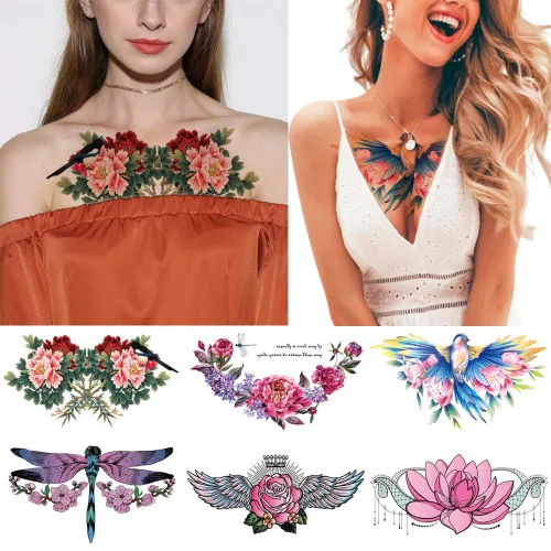 Vista 9 de Glaryyears Tatuajes temporales para el pecho y debajo del seno para mujeres adultas, paquete de 6, tatuajes falsos negros realistas grandes de larga