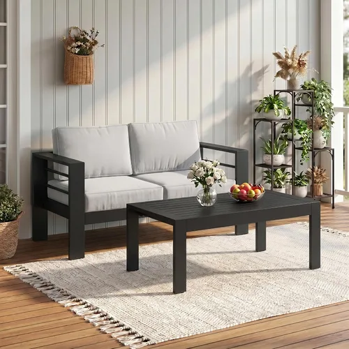 Vista 32 de Solaste Sofá de aluminio para patio con mesa auxiliar, juego de 3 muebles de patio con cojines, sofá de exterior para todo tipo de clima