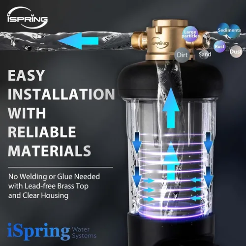 Vista 6 de iSpring WSP50ARJ, Certificado NSF, Filtro de agua de sedimentos de centrifugado, Tamaño Jumbo mejorado, Gran capacidad, Reutilizable con módulo