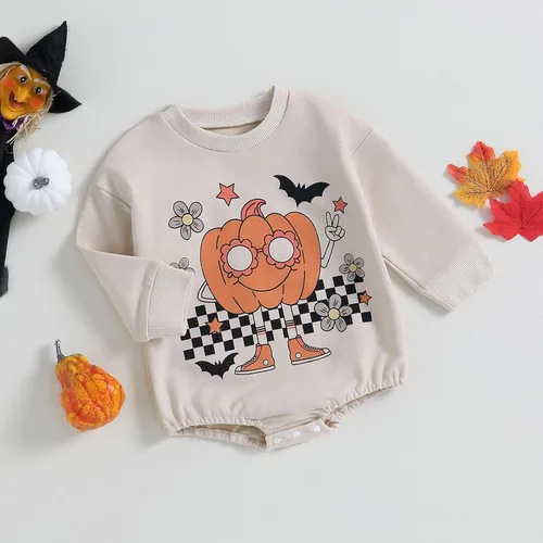 Vista 64 de Ropa de Halloween para bebé niña, sudadera con estampado de calabaza, mameluco de burbujas, lindo traje de Acción de Gracias de otoño