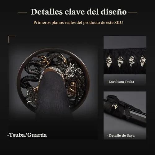 Vista 3 de HMS Espada katana samurai japonesa, Tsuba de bambú de latón, acero al carbono 1095, arcilla forjada a mano, templada, espiga completa, afilada