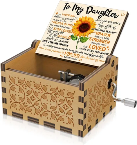 Vista 6 de BOOB Caja de música de madera con manivela grabada You are My Sunshine, regalo para hija de papá, mini caja de música de color girasol para Navidad