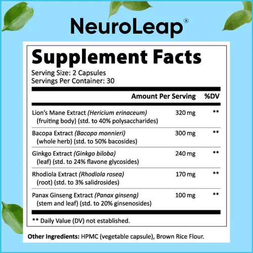 Vista 5 de NeuroLeap Premium Suplemento nootrópico para la salud cerebral Fabricado en Estados Unidos Apoya la memoria, la concentración, la claridad