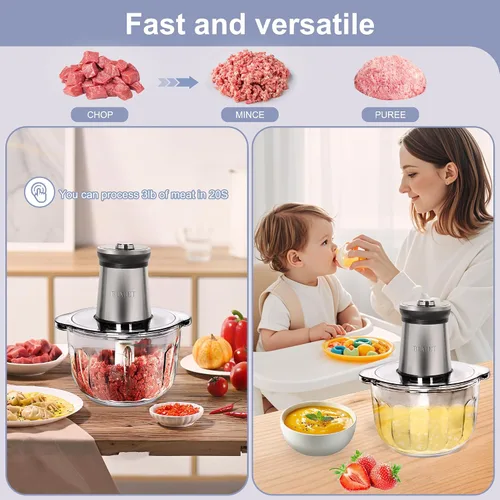 Vista 5 de BUMET Cuenco de vidrio de 16 tazas 850 W procesador eléctrico de alimentos, temporizador LED. Cuchilla de 6 filos de corte de 3 niveles para picar