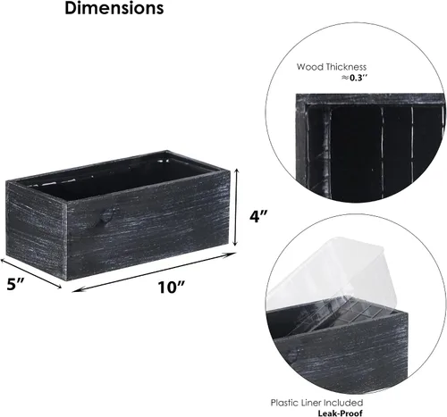 Vista 2 de CYS EXCEL 6 macetas rectangulares de madera negra natural con forro de plástico extraíble (H: 4 pulgadas de apertura: 10 x 5 pulgadas), múltiples