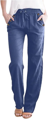Vista 10 de Casual Pants for Women Summer Solid Color Drawstring Elastic Waist Pants Baggy Straight Leg Long Trouser with Pocket