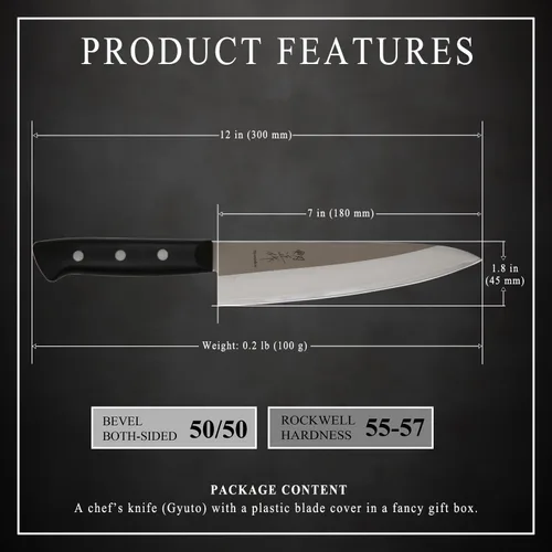 Vista 4 de Gyuto - Cuchillo de chef japonés de acero inoxidable con refuerzo, 7 pulgadas (7.087 in) apto para lavavajillas