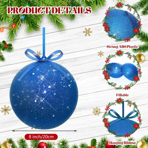 Vista 3 de Zubebe 2 adornos de Navidad gigantes rellenables de 8 pulgadas con cintas, bolas de Navidad de plástico de gran tamaño para decoración de césped al