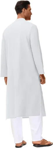 Vista 3 de LVCBL Kaftan para hombre, de manga larga, caftán, thobe, con abertura lateral, bata musulmana, con botones, túnica larga Blanco