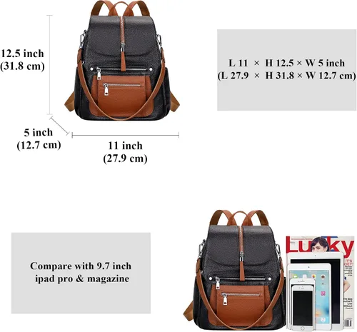 Vista 5 de ALTOSY Mochila de cuero para mujer, bolso casual de moda con múltiples bolsillos y solapa