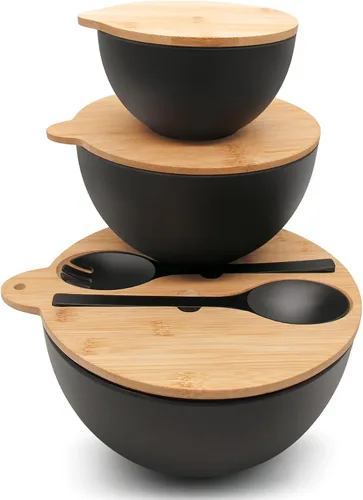 Vista 16 de ECOWAY Juego de 3 cuencos de ensalada con tapas de bambú, juego de tazones de mezcla, cuencos anidables para almacenamiento de ahorro de espacio 3