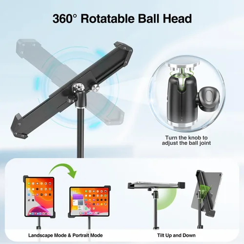 Vista 5 de elitehood Soporte de aluminio para iPad con soporte diagonal para tableta, trípode para iPad de 65 pulgadas de altura ajustable, trípode giratorio