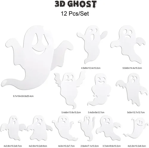 Vista 7 de Decoración de pared de fantasmas de Halloween, 12 calcomanías de fantasmas 3D para decoración del hogar de Halloween, calcomanías de fantasma blanco