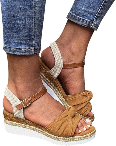 Vista 4 de Womenyiaor Sandalias de cuña para mujer, alpargatas para mujer, puntera abierta, correa al tobillo, sandalias de tacón de cuña, sandalias elegantes