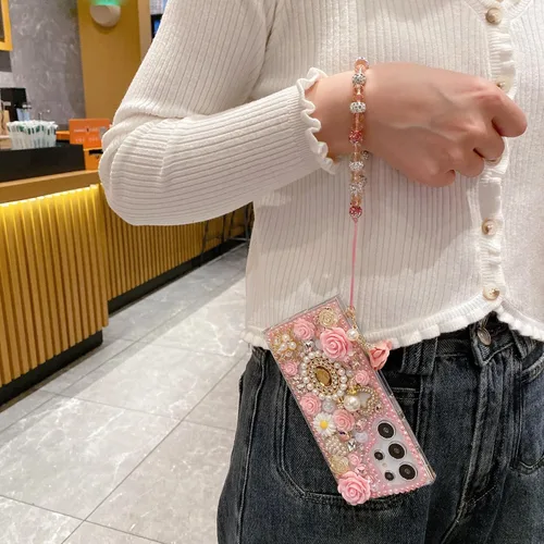 Vista 4 de iFiLOVE Funda para Samsung Galaxy S10 Bling Diamond Case con correa de flores, 3D de lujo con purpurina de cristal de imitación de perlas y rosas