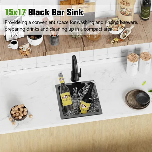 Vista 3 de Fregadero de cocina y bar negro de 15 x 17 pulgadas, fregadero de acero inoxidable con rejilla SS, alfombrilla de silicona, colador, colador