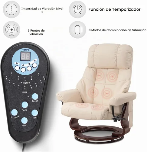 Vista 5 de MCombo Sillón reclinable manual giratorio con otomano, silla reclinable con masaje de vibración para espacios pequeños, sala de estar, oficina, piel