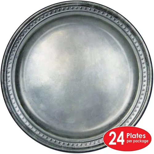 Vista 2 de Beistle Platos de papel de peltre, paquete de 24 platos desechables de inspiración medieval, para fiestas temáticas de castillo, banquetes