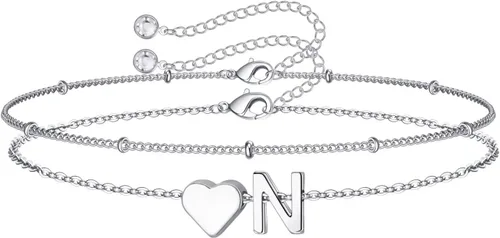Vista 20 de M MOOHAM Pulseras de oro con inicial de corazón para mujer, pulseras con dije de letra A-Z de corazón dorado en capas para mujer, pulseras