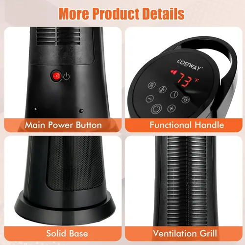 Vista 8 de COSTWAY Calentador de espacio para uso en interiores, calentador de cerámica PTC de 1500 W con oscilación de 60°, 3 modos, temporizador de 24 horas