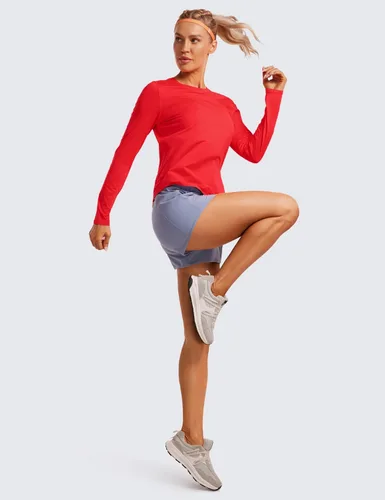 Vista 3 de CRZ YOGA Camisas de entrenamiento ligeras de manga larga para mujer, UPF 50+, para correr, otoño, cuello alto, camisetas de entrenamiento atlético
