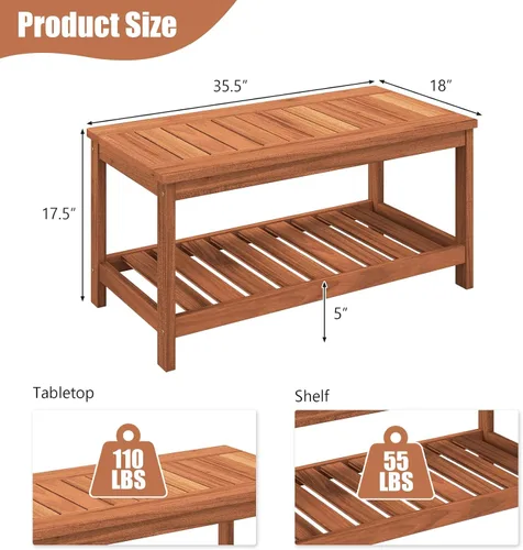 Vista 3 de Tangkula Mesa de centro de madera para exteriores, mesa de centro de patio de 2 niveles con mesa de madera dura de listones y estante